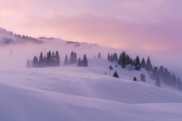 A snowy hillside with trees and a pink sky. The sky is hazy and the trees are covered in snow