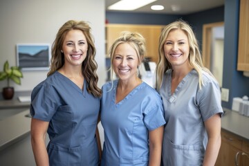 Three medicine professional women in blue scrubs are smiling for the camera. They are likely nurses or doctors. Concept of warmth and friendliness