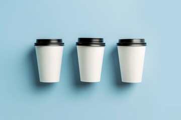 Three white paper cups are lined up on a blue background. The cups are empty and have lids. Mockup
