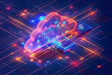 Vibrant Isometric Cloud Computing Platform with Interconnected Services and Advanced Infrastructure