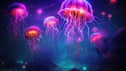 A group of jellyfish are floating in the ocean