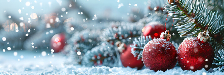 red christmas balls on snow