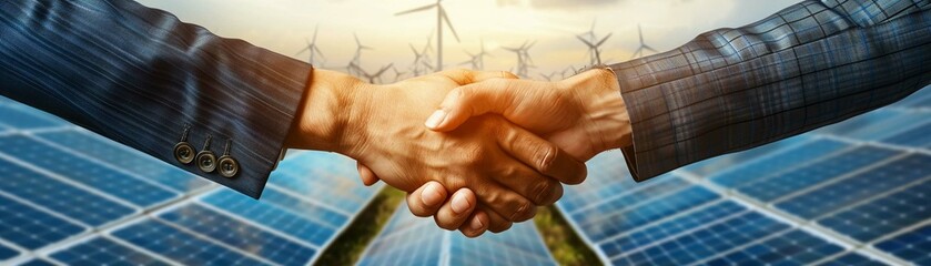 A business handshake takes place with a dynamic backdrop of solar panels and wind turbines, symbolizing a future in renewable energy