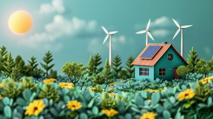 A depiction of ecosustainable housing, with wind turbines and solar panels adorning the roof, illustrated in a simple, green energy landscape