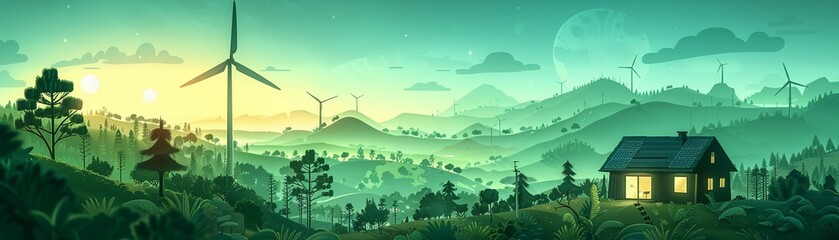 A minimal illustration of a house equipped with wind turbines and solar panels, set in a lush green energy landscape