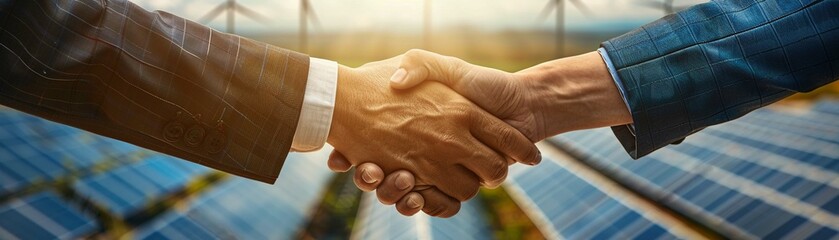 A professional agreement is reached with a handshake against the innovative setting of wind turbines and solar panels, showcasing renewable energy commitment