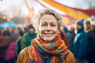 Portrait of a smiling woman in her 50s dressed in a warm wool sweater isolated on vibrant festival crowd
