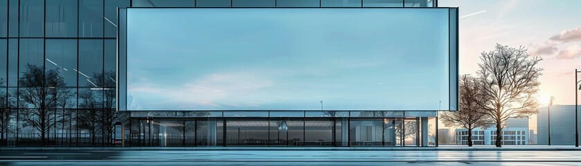 An expansive empty billboard mockup towers in front of a modern glass building, reflecting the bright daylight