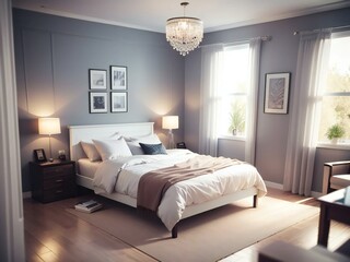 Cozy and modern bedroom ambiance with warm lighting, neutral tones and tasteful decor. Perfect for design and lifestyle concepts