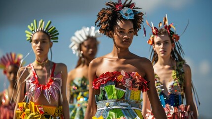 Fashion models showcase the latest in sustainable style, wearing outfits that blend reused materials with contemporary fashion