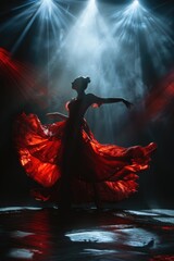 A woman in a red dress is dancing on stage. The lighting is dim and the stage is lit with red lights. Scene is elegant and dramatic