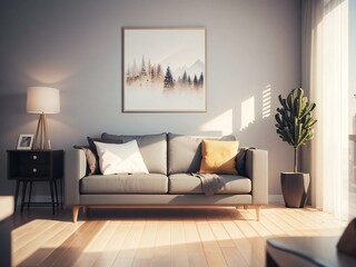 Stylish living room with cozy sofa, chic decor, and tranquil wall art basking in warm sunset light