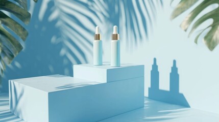 Two bottles of perfume are displayed on a blue pedestal. The bottles are placed on top of a blue platform, and the background is a blue wall. The scene is set in a tropical setting