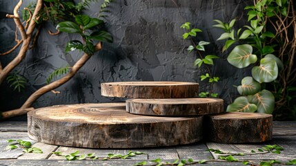 wooden stumps stacked on top of each other in front of a concrete wall with a plant in the top...
