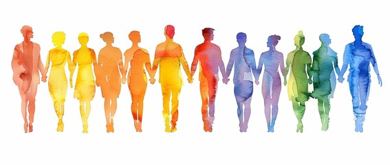 watercolor silhouette of people holding hands in rainbow colors on a white background
