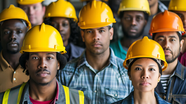 Multiethnic group of workers around the world wearing yellow hard hats May Day concept