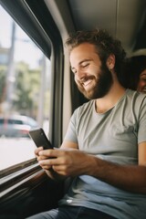 A man is sitting in a train and is looking at his cell phone. He is smiling and he is happy