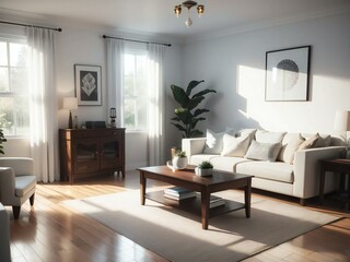 Sunlit living room with cozy seating, greenery, and wooden touches for a fresh and inviting atmosphere