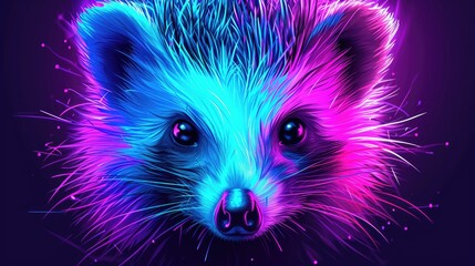 Obraz premium A close up of a raccoon's face with a blue and purple background. The raccoon's eyes are open and staring at the camera