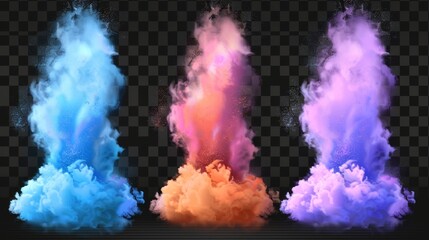 Flowing smoky flow and paint powder explosion on a transparent background. Modern realistic splashes, dust clouds and spray on a white background.