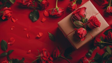 A box of red roses is on a red background. The roses are scattered around the box, creating a romantic and festive atmosphere - Powered by Adobe