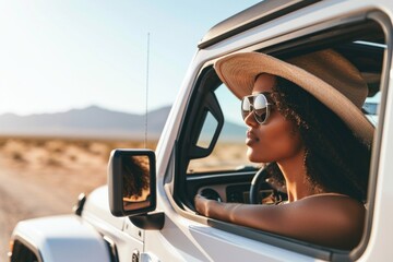 Naklejka premium A woman wearing a straw hat and sunglasses is driving a white Jeep. The scene is set in a desert, with mountains in the background. The woman is enjoying the ride and taking in the scenery