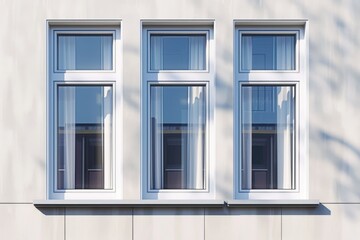 Three windows on a building with a white wall. The windows are clear and allow sunlight to shine through
