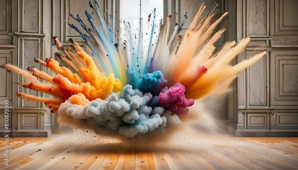 Wall mural capturing vibrant particles bursting outward from a central point, radiating dynamic energy and move