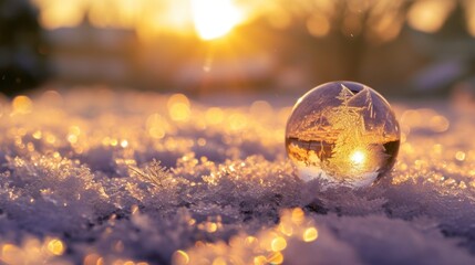 A glass ball is sitting on top of a snowy field. The sun is shining on the ball, creating a beautiful reflection. The scene is peaceful and serene, with the snow - Powered by Adobe