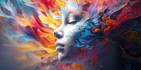 A colorful painting of a woman's face with a flowery background. The painting is abstract and has a dreamy, whimsical feel to it
