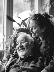 Fototapeta premium A man and a woman are sitting together, the man smiling and the woman looking at him. Scene is warm and affectionate