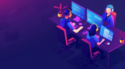 Isometric customer service landing page. Call center receptionists or telemarketers sitting at a computer working on assisting clients online.