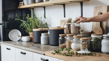 A modern kitchen featuring stylish storage solutions with a person organizing various grains and spices in glass jars.