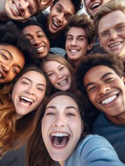 A group of people are smiling and taking a selfie together. Scene is happy and friendly