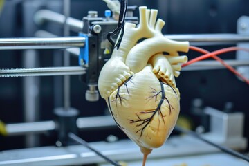 A heart is being printed in a machine. The heart is made of plastic and has a brown color
