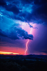 Stormy sky with lightning bolts over nature landscape. Lightning thunderstorm flashes, Dangerous weather conditions