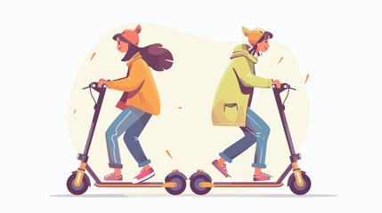 Couple of happy teenagers riding electric walk scoote