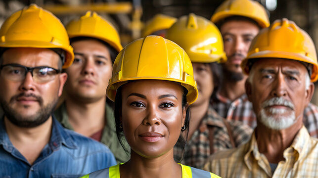 Multiethnic group of workers around the world wearing yellow hard hats May Day concept - Powered by Adobe