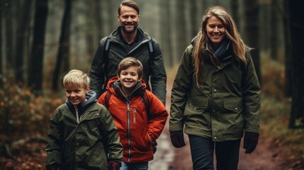 Fototapeta premium A family of four, including two adults and two children, smiling and walking together on a trail in the woods. Fictional Character Created By Generative AI. 