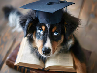 Smart Border Collie dog wearing a graduation cap looks at the camera. Artificial intelligence. 