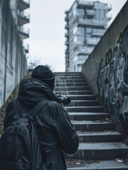 A man wearing a black jacket and a black hat is taking a picture of a graffiti-covered wall