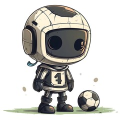 The cute boy is standing next to a classic black and white soccer ball, suggesting a theme of play and sportsmanship.