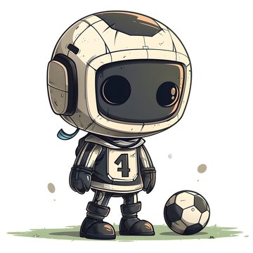 The cute boy is standing next to a classic black and white soccer ball, suggesting a theme of play and sportsmanship.