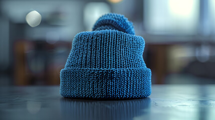 Mockup of a blue knitted beanie hat