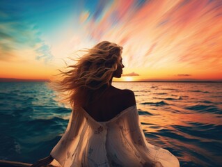 Fototapeta premium A woman stands on a boat in the ocean, with the sun setting in the background. The scene is serene and peaceful, with the woman's long hair blowing in the wind