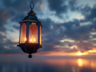 A lantern is lit up in the sky, casting a warm glow over the water. The scene is serene and...