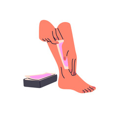 Woman removal unwanted body hairs on legs with waxing strips. Girl does depilation on feet, cares about her self. Beauty procedure in spa salon. Flat isolated vector illustration on white background