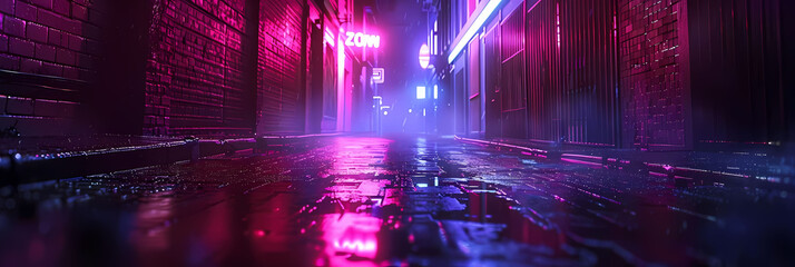 neon glow in urban alleyways with a building in the foreground