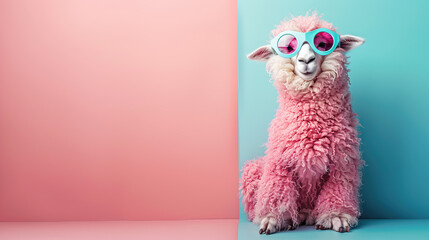 illustration of pink sheep with fur wearing goggles or glasses on pastel background , with space for text 