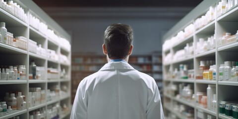 A man in a white lab coat stands in a pharmacy aisle, looking at the shelves of medicine